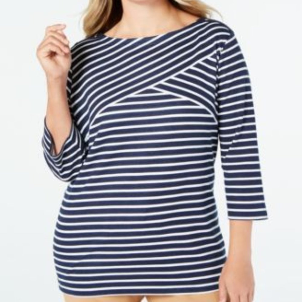 3/4  Abstract Strip Boatneck Top, Blue - Sz 3x